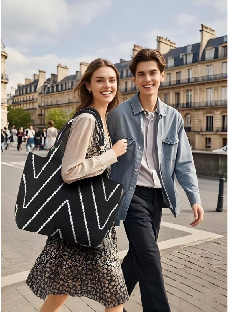 Nestvel Black & White Chevron Knit Tote Bag，Handbags with Pockets, Crossbody Bags, Large Handbags, Top Handle Shoulder Bags, Casual Work Bags, Everyday Shoulder Bags, Various Handbags Suitable for Work, Travel, Shopping, One Size - Image 4